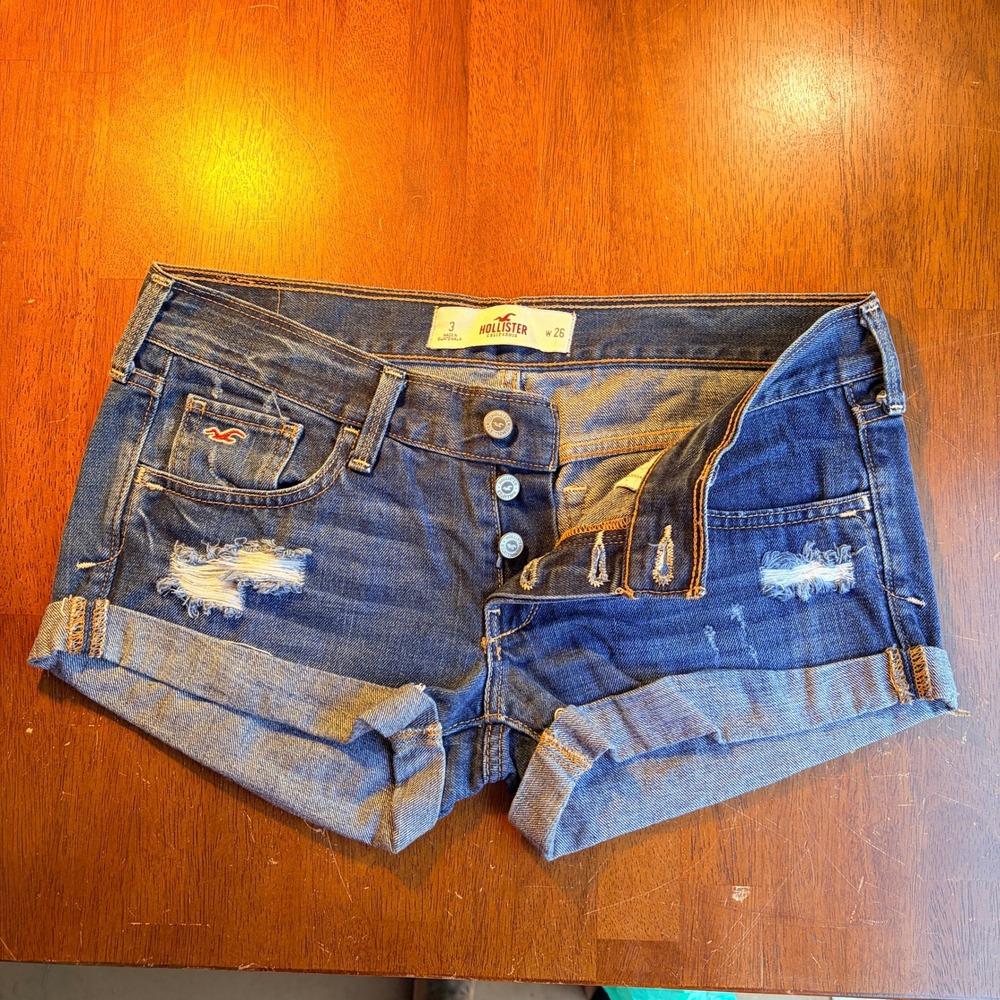 Hollister Micro Mini Jean Shorts Sz 3 Button Fly Low Rise Distressed Cuffed
